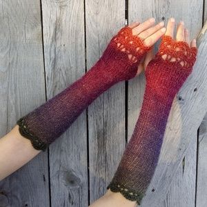 Handknit  Fingerless Long Gloves purple, green